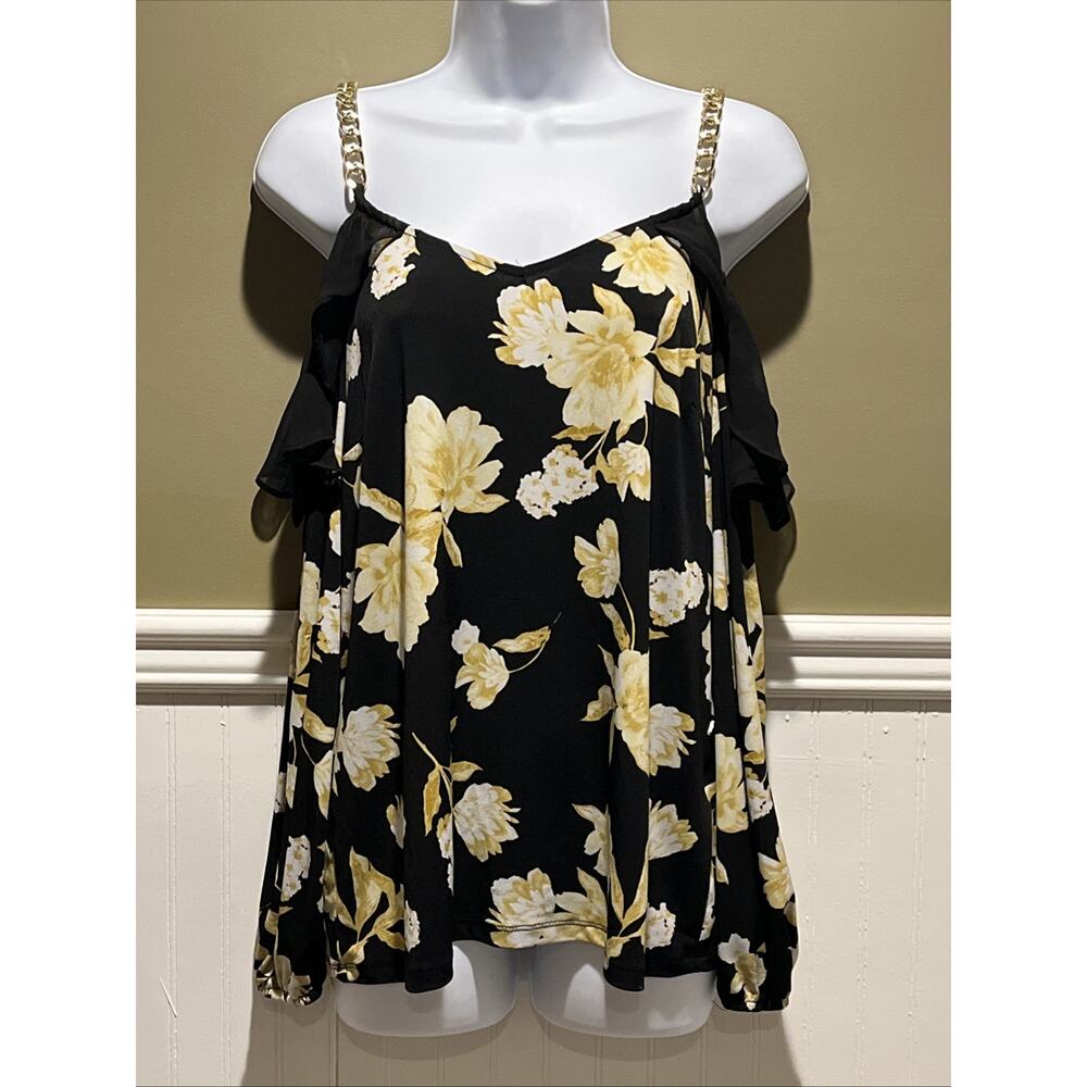 INC Yellow Floral Cold Shoulder Blouse – Chain Strap Ruffle Top – Women’s M